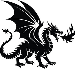 Detailed black dragon illustration with wings and flame on transparent background silhouette