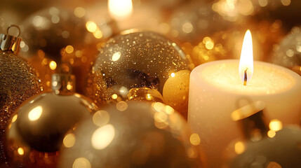 Golden and bronze ornaments glowing in cozy candlelight