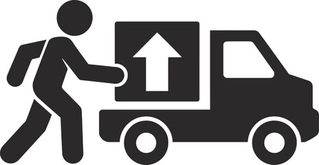 Delivery man pushing a box on a truck simple design on transparent background silhouette