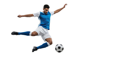 Soccer player in blue and white uniform kicking the ball isolated on transparent background he is in midair, with his leg extended and arms outstretched