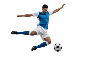 Soccer player in blue and white uniform kicking the ball isolated on transparent background he is in midair, with his leg extended and arms outstretched