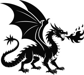 A striking black dragon breathing fire dynamic pose on transparent background silhouette