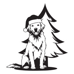 Happy Golden Retriever Dog in Santa Hat by Christmas Tree Vector
