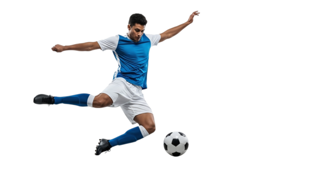 Soccer player in blue and white uniform kicking the ball isolated on transparent background he is in midair, with his leg extended and arms outstretched