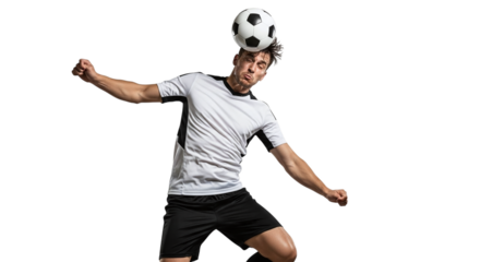 Soccer player heading the ball isolated on transparent background he is in midair, with his arms outstretched and face contorted in effort
