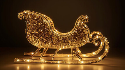 Warm golden sleigh glowing with festive lights and snow