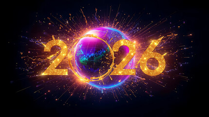 Vibrant 2026 glowing typography with festive neon light