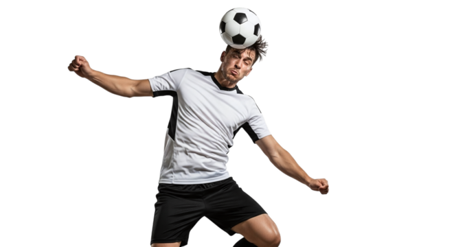 Soccer player heading the ball isolated on transparent background he is in midair, with his arms outstretched and face contorted in effort