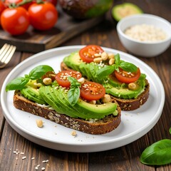 Two avocado toast slices on a white plate, garnished with basil, cherry tomatoes, and peanuts.  Fresh ingredients arranged on a dark wooden surface