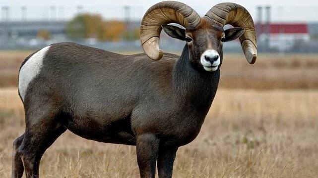 Wild bighorn sheep grazing in a grassy field during early morning light in a national park, showcasing their majestic horns and calm demeanor