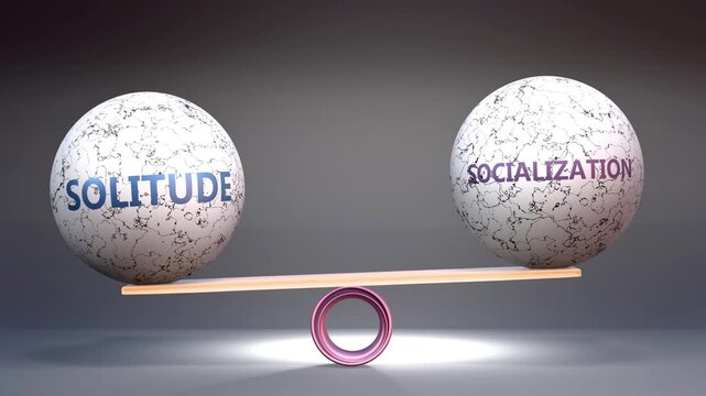 Solitude and socialization in balance - balancing stones on a scale symbolizing harmony, equity and equilibrium between solitude and socialization. Harmonious and beneficial situation.