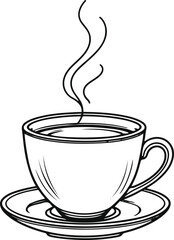 black line art showing a cup of freshly brewed coffee served on a saucer with gentle steam, minimalist vector outline, white background, cozy balanced layout