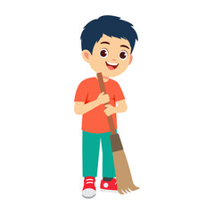 Vector illustration of a boy sweeping floor with broom