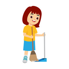 Vector illustration of girl sweeping floor with broom