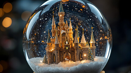Magical golden castle inside snow globe festive fantasy