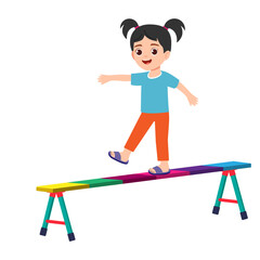 Vector cartoon illustration of girl balancing on a beam
