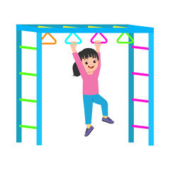 Vector cartoon illustration of girl hanging on monkey bar