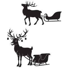 Reindeer Pulling Sleigh Silhouette Vector Set. Christmas Deer and Sledge Icons.