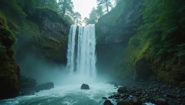 Tall waterfall plunges into misty pool surrounded by mossy green cliffs and pine trees. Water cascades over rocks into river below. Fog fills canyon creating serene atmosphere. - Powered by Adobe