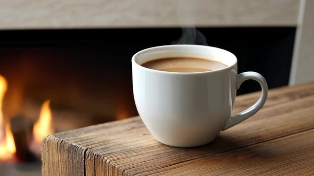 Enjoying a warm cup of coffee by the fireplace on a cozy evening in a rustic cabin setting