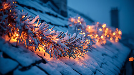 Blue and silver christmas garland covered in snow lights
