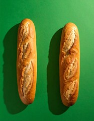 Two baguettes on a green background