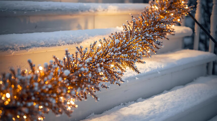 Sparkling golden garland shining with snow and lights