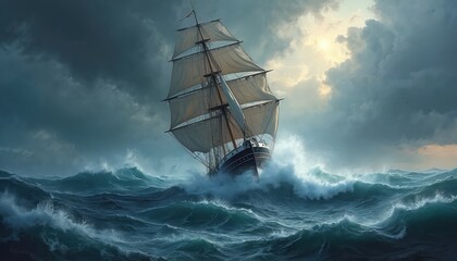 A tall ship sails through rough seas with huge waves crashing. Dark clouds gather in the sky as the sun attempts to break through. This dramatic scene shows a vessel battling a powerful storm at sea.