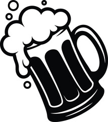 Black silhouette of a full beer mug with foam on transparent background