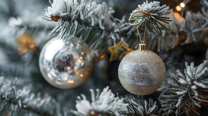 Frosted Silver Christmas Baubles and Pinecones in Snowy Winter Scene