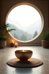 A golden singing bowl on a woven mat, softly lit by warm light from the circular window, vertical composition. Misty mountains and pine trees fill the window, establishing a peaceful scene.