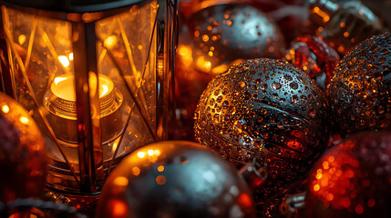 Shiny christmas baubles in warm gold and bronze tones