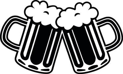 Black and White Icon of Two Beer Mugs Clinking toasting