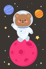 Fototapeta premium Cute astronaut bear walking and waving on pink planet