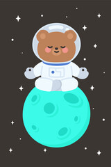 Peaceful astronaut bear meditating on turquoise planet in space