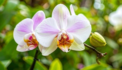 Obraz premium Close-up of two delicate, pale pink and white orchids, with a hint of orange. Blurs of green foliage in the background
