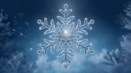Crystal snowflake shining in cool blue winter background