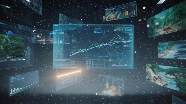 Advanced holographic displays showing complex environmental data analytics with graphs and charts floating in a digital space surrounded by footage of natural landscapes like forests and rivers