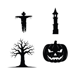 Vector art of halloween silhouettes scarecrow, spooky tree, haunted tower, and carved pumpkin create a festive and eerie atmosphere