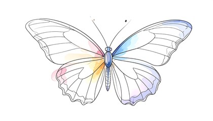 A delicate butterfly, outlined in thin line art and filled with pastel watercolor washes of color