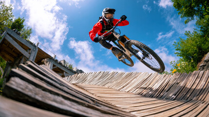 Fototapeta premium A man is riding a bike on a wooden ramp