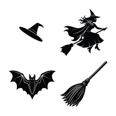 Vector art of halloween silhouettes witch on broom, bat, witch hat, and broomstick for spooky designs and festive decorations