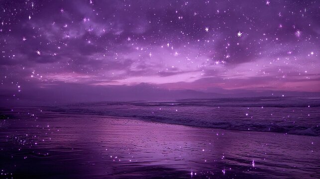 Purple sky with stars, serene beach, and tranquil sea create a breathtaking night scene that evokes a sense of wonder and tranquility, highlighting the dreamy natural landscape’s calm and beauty.