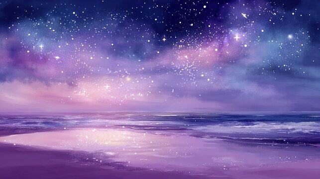 Purple sky with stars, serene beach, and tranquil sea create a breathtaking night scene that evokes a sense of wonder and tranquility, highlighting the dreamy natural landscape’s calm and beauty.
