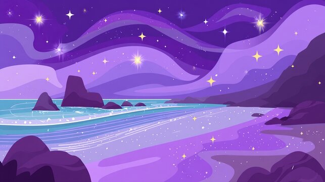 Purple sky with stars, serene beach, and tranquil sea create a breathtaking night scene that evokes a sense of wonder and tranquility, highlighting the dreamy natural landscape’s calm and beauty.