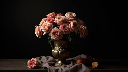 Fototapeta premium Elegant Pink Roses in Vintage Vase – Classic Floral Still Life on Dark Background