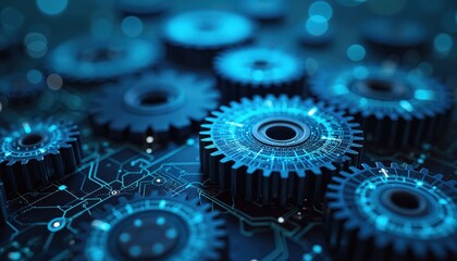 Gear wheels on complex blue microchip tech surface. Machine elements interconnect. Digital gear wheels turn. Concept for hi tech industry, innovative solutions, automation, engineering. Abstract tech