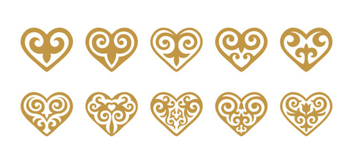 Heart shape decor. Vector Set of different gold ornaments in Kazakh style isolated on a white background. Elements of the national pattern of the ancient nomads