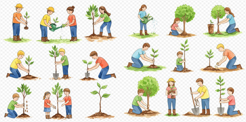 A collection of watercolor illustrations depicting various people, including adults and children, actively engaged in planting and nurturing young trees and saplings in the soil.