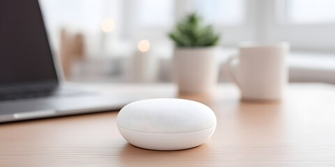 Modern Wireless Speaker on Minimalist Desk Decorated with Plant and Coffee Mug in Bright Interior Setting